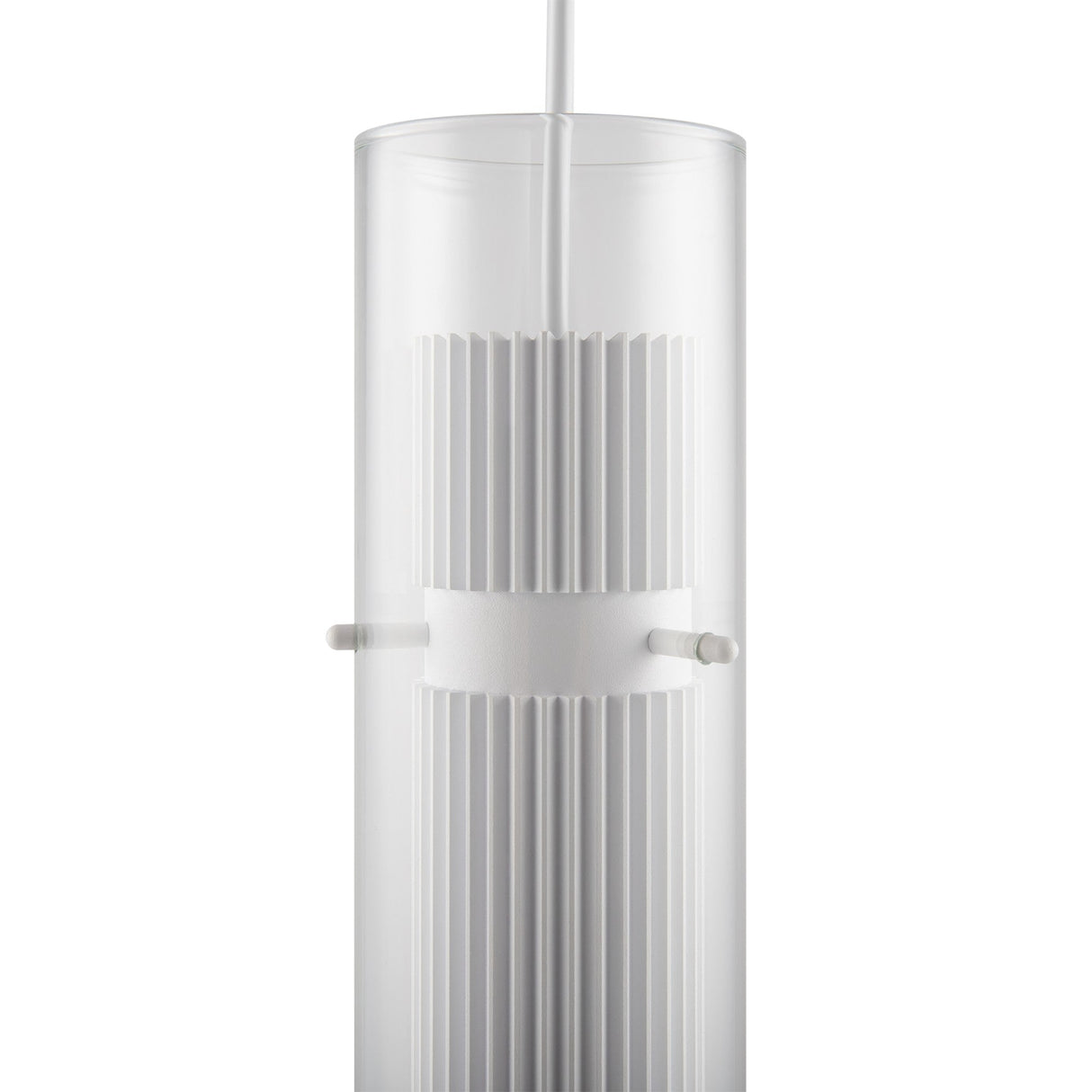 The Dynamics Pendant Light - White With Outer Clear Glass is a vertical cylindrical pendant light with a white ribbed interior texture and aluminum frame, hanging from a white cord for a modern and sleek appearance.