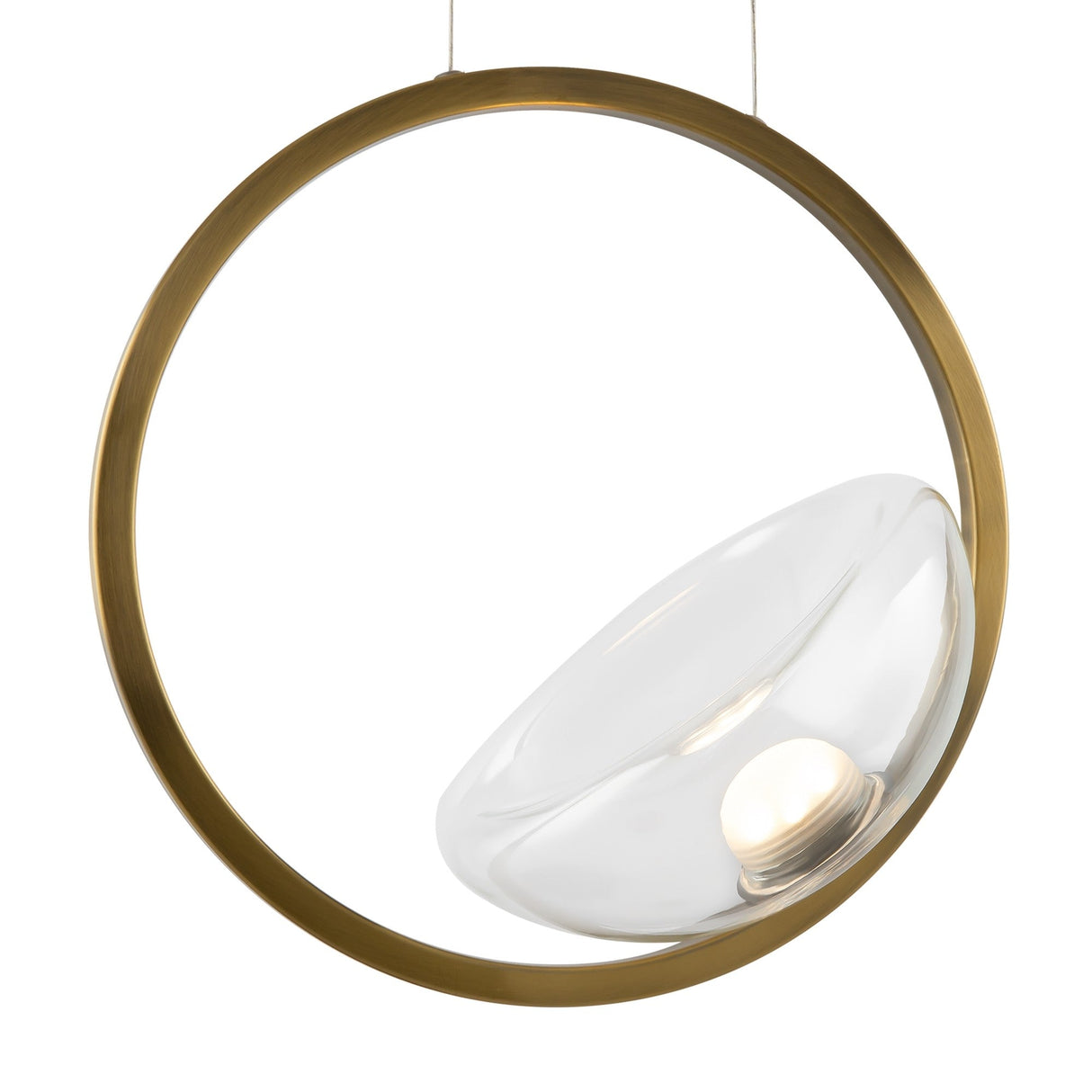 The Lunare LED Single Ring Pendant Light - Brass With Clear Glass features a minimalist design with a brass ring and suspended clear glass orb, inside which a tilted bulb casts its glow, blending elegance and modernity seamlessly.