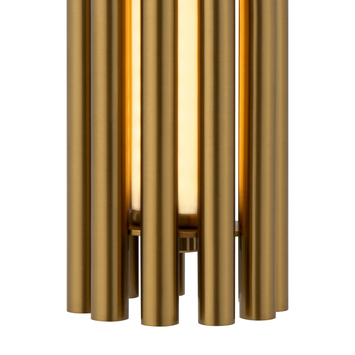 Close-up of the Sonata LED Pendant Light 3000K 12W - Brass featuring modern cylindrical design and brass-colored aluminum tubes around a diffused light source for an elegant, contemporary appeal reminiscent of a gold glass lampshade.
