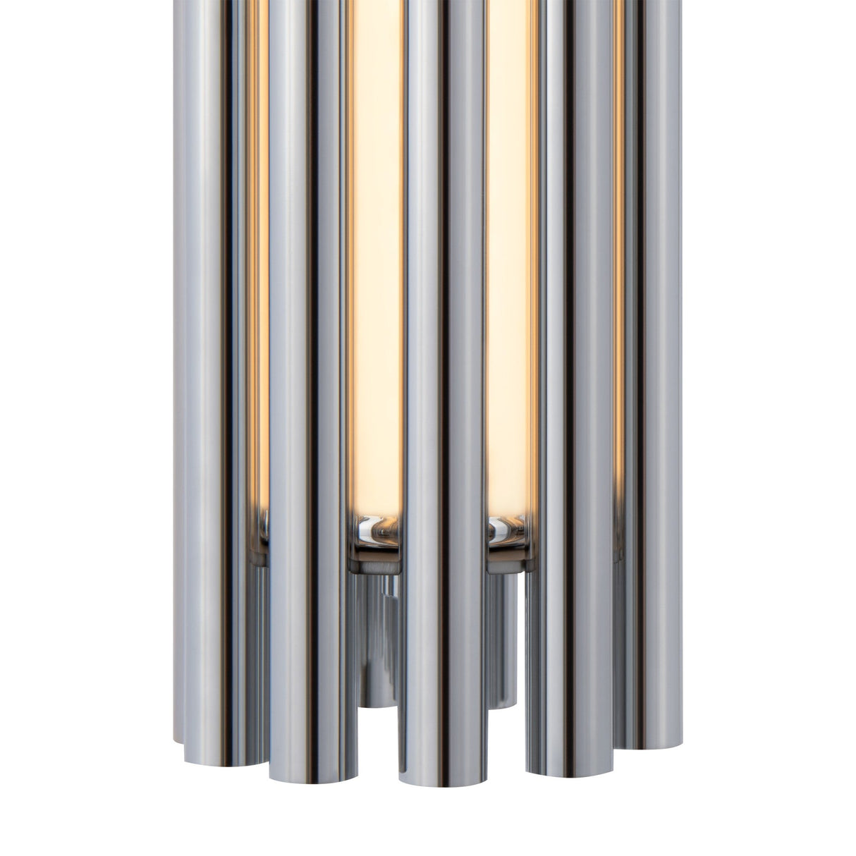 Close-up of the Sonata LED Pendant Light, 3000K 12W, featuring vertical cylindrical metal tubes in a chrome finish. The sleek design and warm glow create a contemporary aesthetic.
