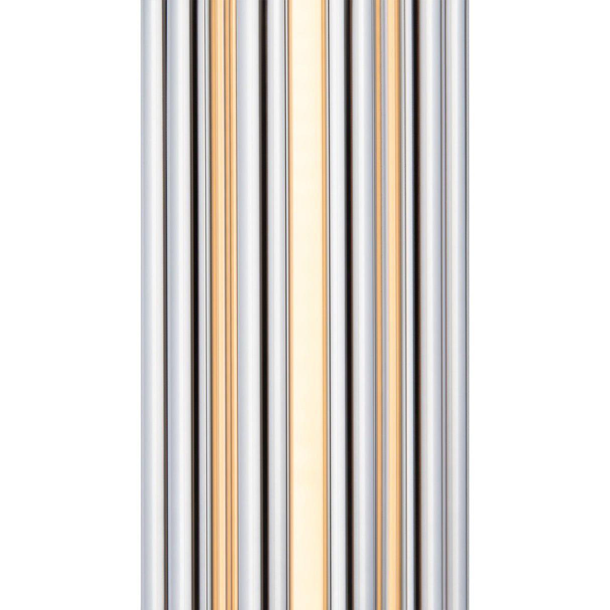 The Sonata LED Wall Light 12W 3000K in chrome features vertical metallic and chrome striped bars in a symmetrical pattern. Its sleek, modern design with a reflective surface captures light beautifully, offering depth and dimension akin to an LED wall light.