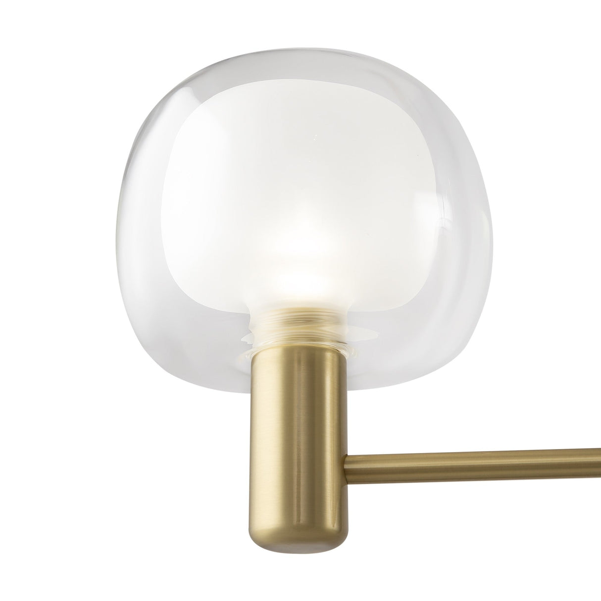 The Vision 3 Light Suspension features an elongated oval-shaped frosted glass shade with a brushed brass base and arm, exuding modern minimalism. Its gold fixture casts a soft, diffused glow, echoing elegant Italian neoclassical style.