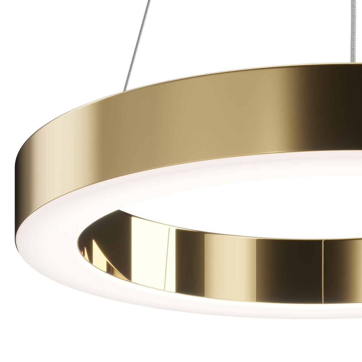 A close-up of the 40cm Saturno LED Circular Suspension Light - Brass highlights its modern design and smooth, reflective surface. The interior emits a soft white LED glow, and the fixture is elegantly suspended by thin cables against a white backdrop.