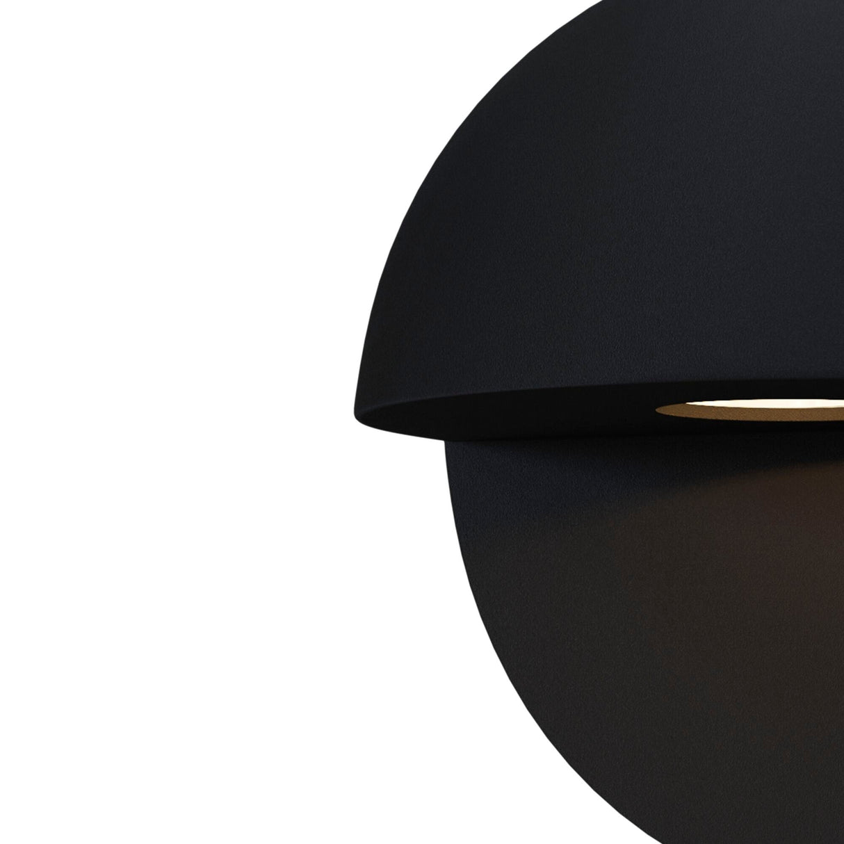 A close-up of the Mezzo Outdoor LED Wall Light 3000K - Black showcases its sleek, minimalist hemisphere design. Made from corrosion-resistant aluminum, its black exterior beautifully contrasts with the warm white glow inside against a plain white background, epitomizing modern design.