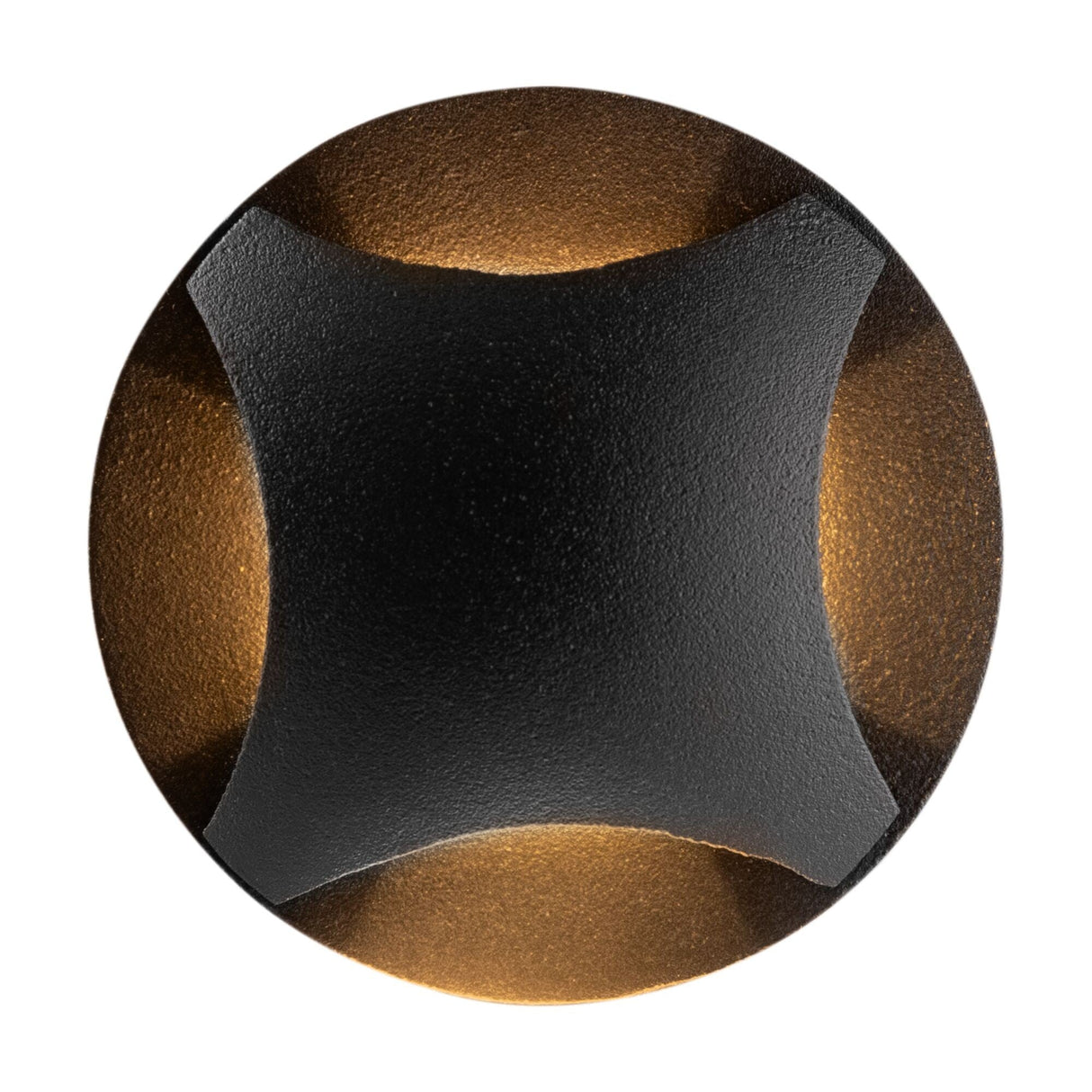 The Biscotti Outdoor 4 Beams LED Recessed Wall Light features a round, matte black finish with recessed sections forming a cross-like shape. The indentations reveal a textured, brownish metallic surface. Its ideal for outdoor lighting with contrasting surfaces and an IP65 rating.