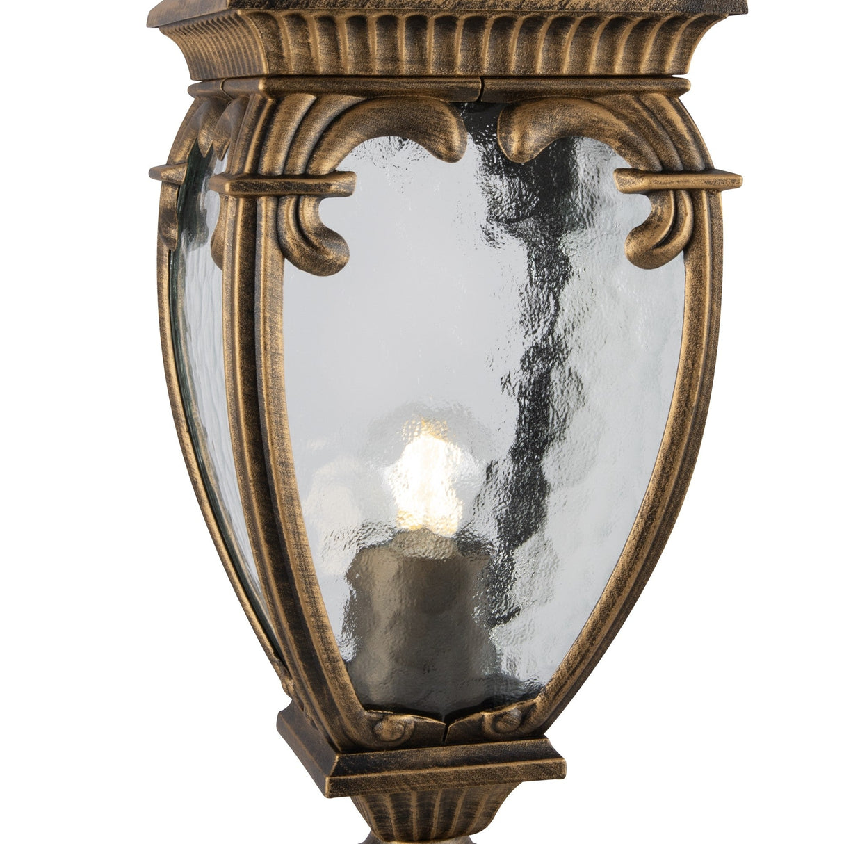 Close-up of the Fleur 1 Light Pillar Lantern in black, showcasing ornate vintage-inspired design with PULEGOSO glass panels and antique bronze finish, featuring decorative scrollwork for stunning outdoor lighting.