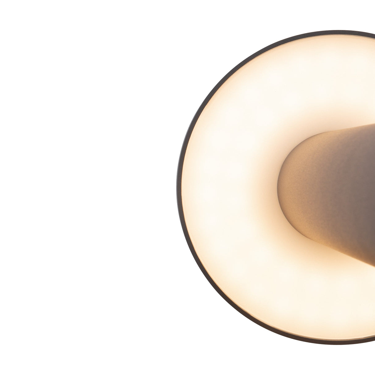 Close-up of a Wald LED Bollard Light 3000K 12W - Graphite, illuminating soft, warm light with a halo effect from its edge, similar to an LED bollard light, against a white background.