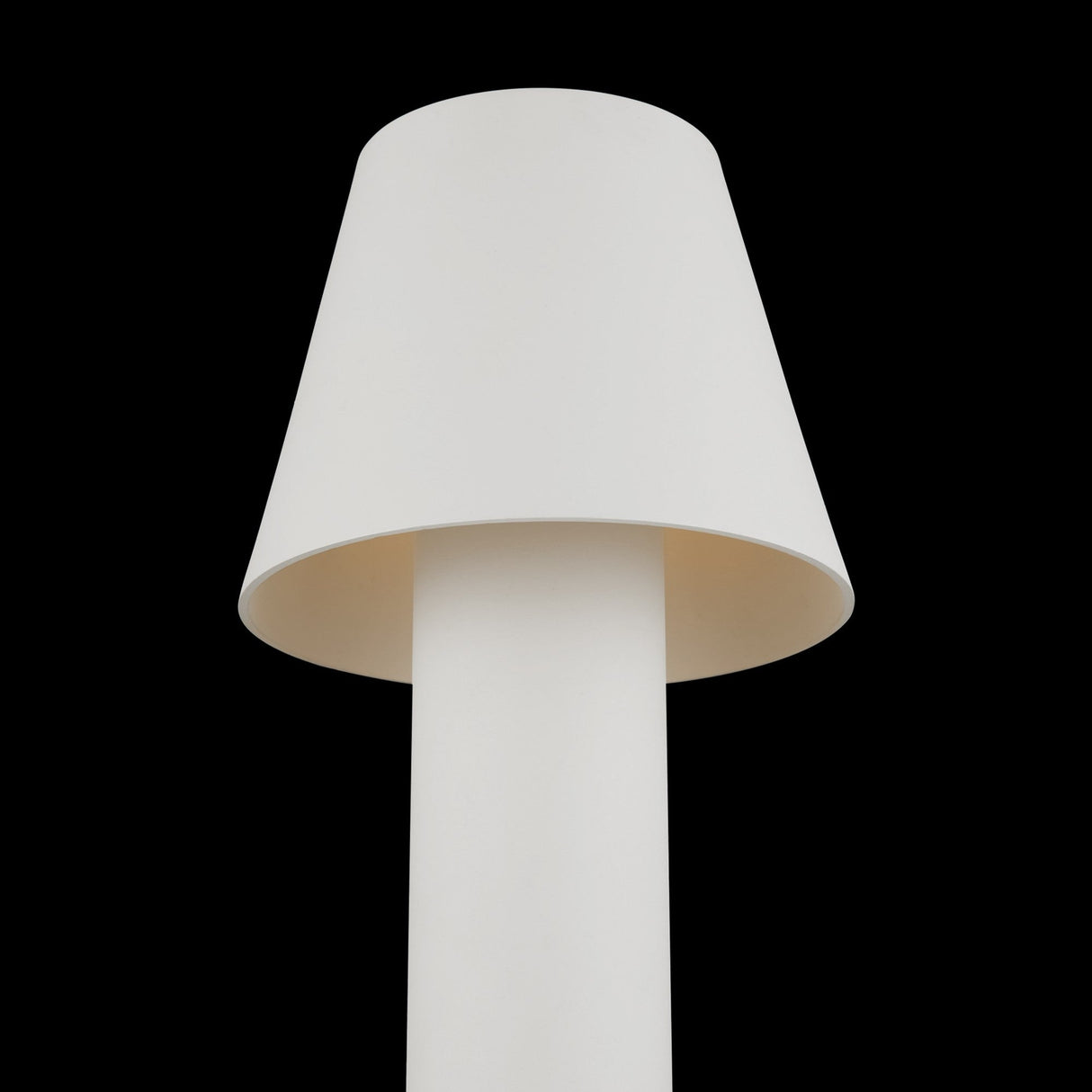 The Harz LED Bollard Light 80cm in white, featuring a minimalist design with a cylindrical base and conical shade, is elegantly set against a black background.