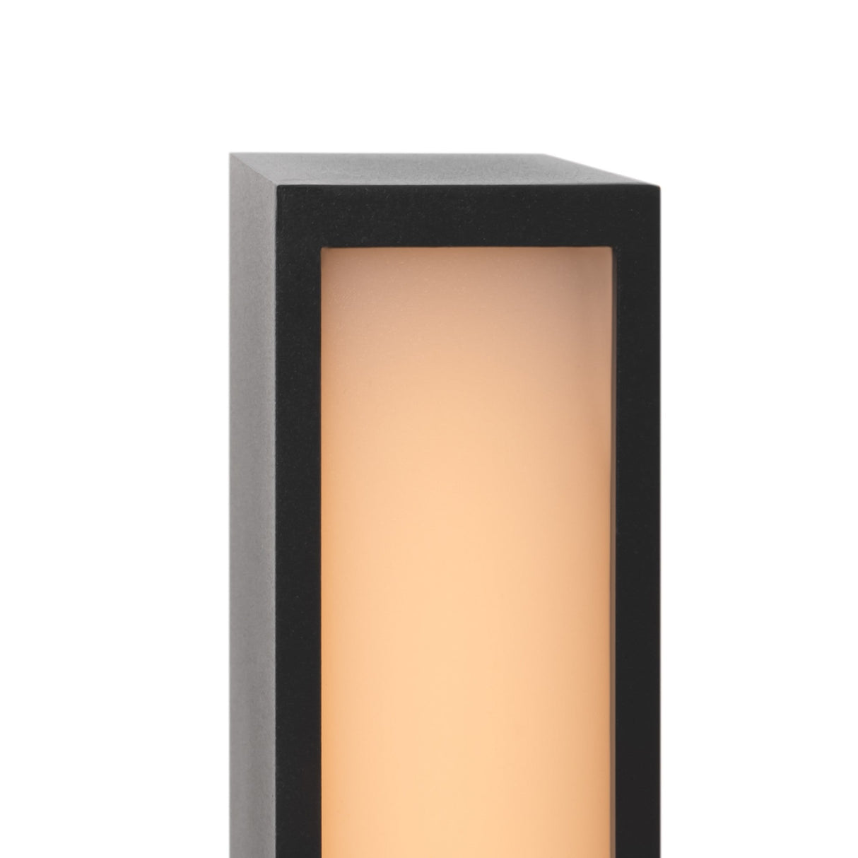 The Hof LED Pedestal Light 60cm in graphite features a minimalist rectangular design with a frosted cream panel, offering a soft glow ideal for enhancing your outdoor lighting.