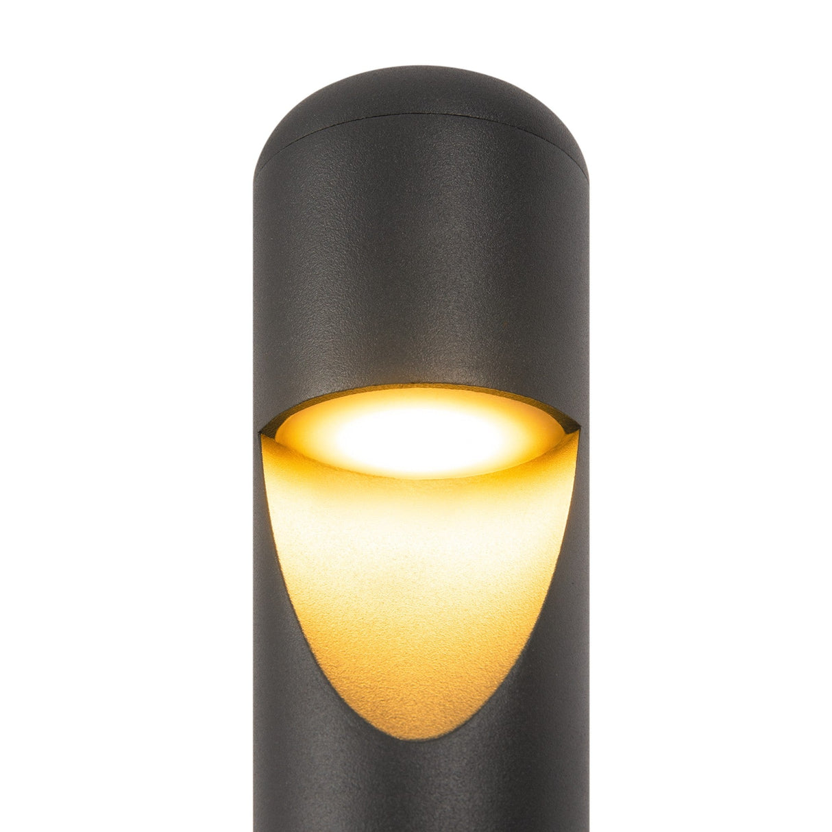 The Hagen LED Bollard Light 60cm in graphite features a rounded top with an integrated LED module. This modern outdoor light emits a warm downward glow, creating an illuminated arc on the stylish and contemporary fixture.