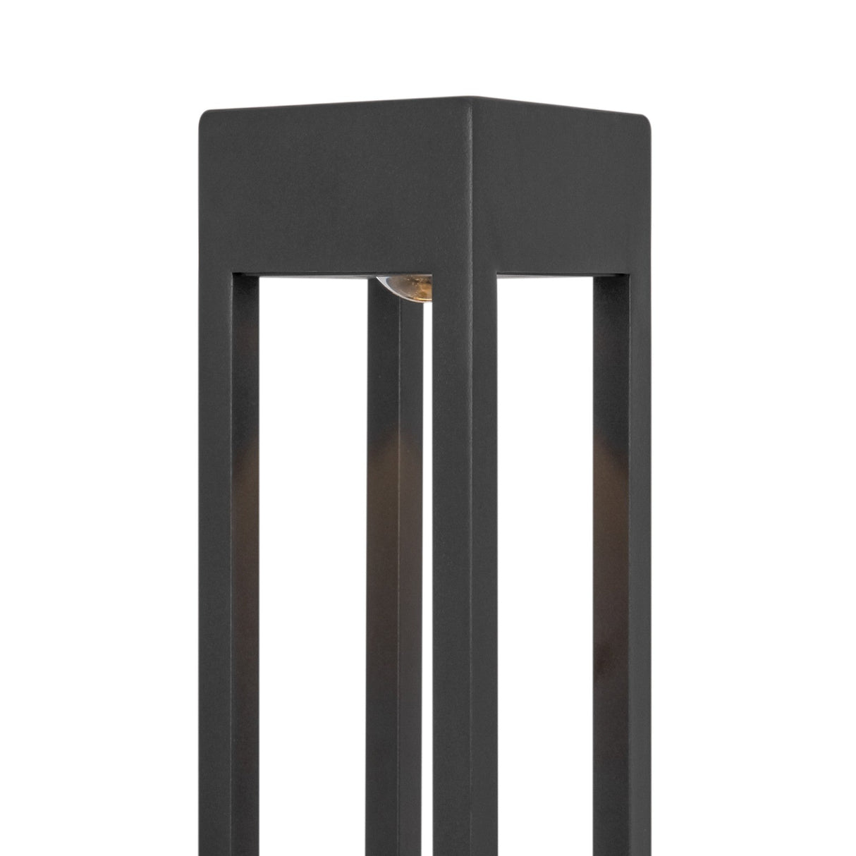 The Elbe Bollard Light 100cm - Graphite is a minimalist outdoor pillar fixture with a modern rectangular design. The bulb is housed in its top section, featuring an open, geometric structure below, ideal for sleek outdoor lighting.