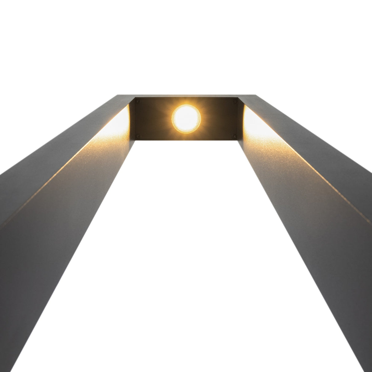 View from below of a modern square archway with the Bonn Bollard Light 200cm - Graphite featuring an integrated LED module at the center. The warm lighting illuminates the metallic interior surfaces against a plain white background.