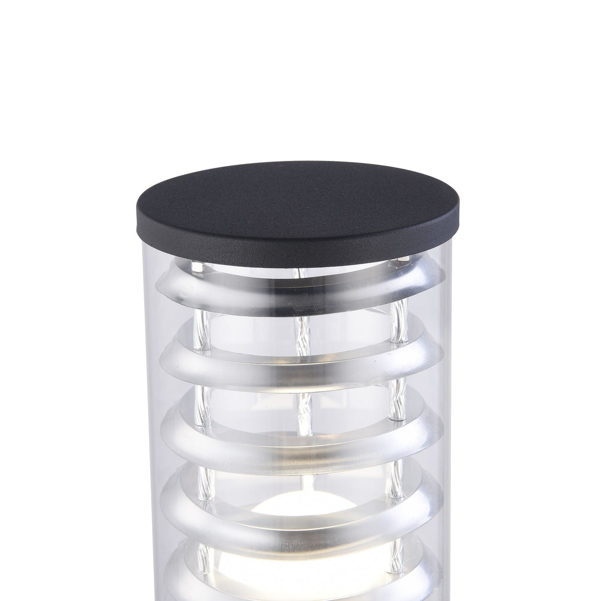 The Bronx Bollard Light 796mm in black combines a sleek cylindrical design with corrosion-resistant aluminum rings inside a transparent casing, finished with a flat cap. This modern outdoor fixture emits a soft glow, ideal for contemporary spaces.