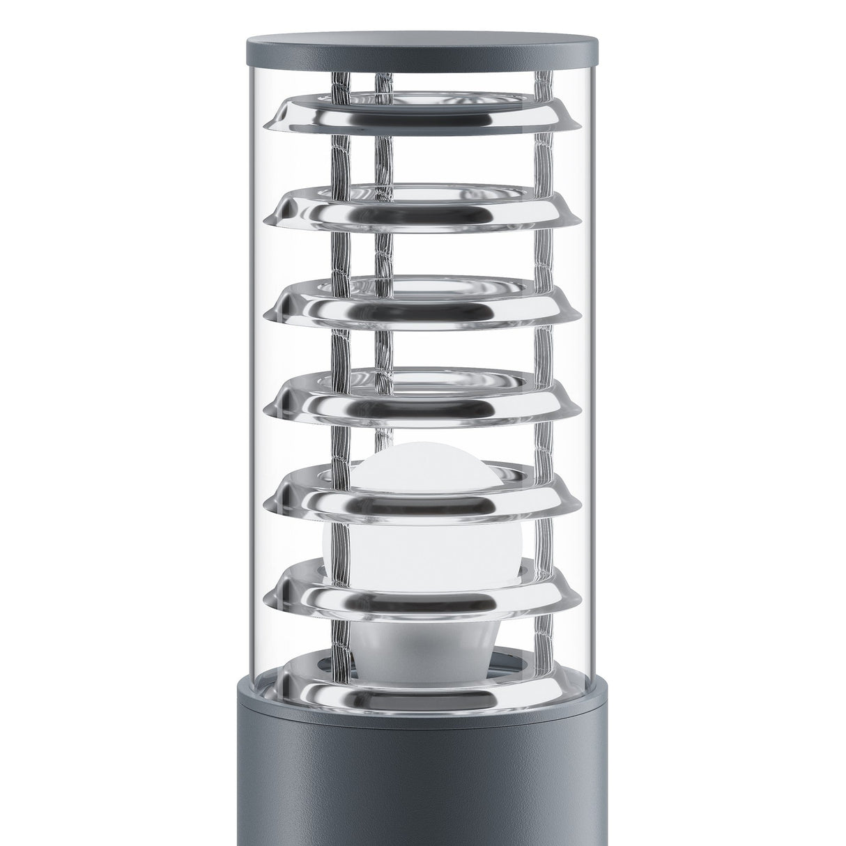The Bronx Bollard Light 796mm in Grey boasts a modern cylindrical design with a clear glass exterior and aluminum body, featuring metallic reflective discs and a central LED bulb for soft white light, making it perfect for outdoor lighting. Its base is matte dark-colored.