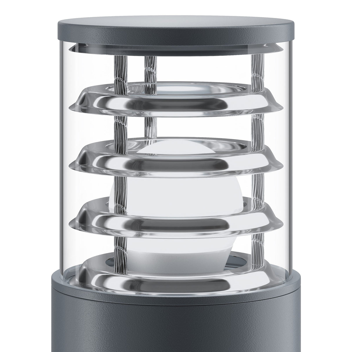 Meet the Bronx Bollard Light 250mm - Grey, a modern cylindrical outdoor lamp with transparent glass and horizontal metal rings encasing the light source. This sleek, minimalist design is stylish and corrosion-resistant, perfect for outdoor illumination.