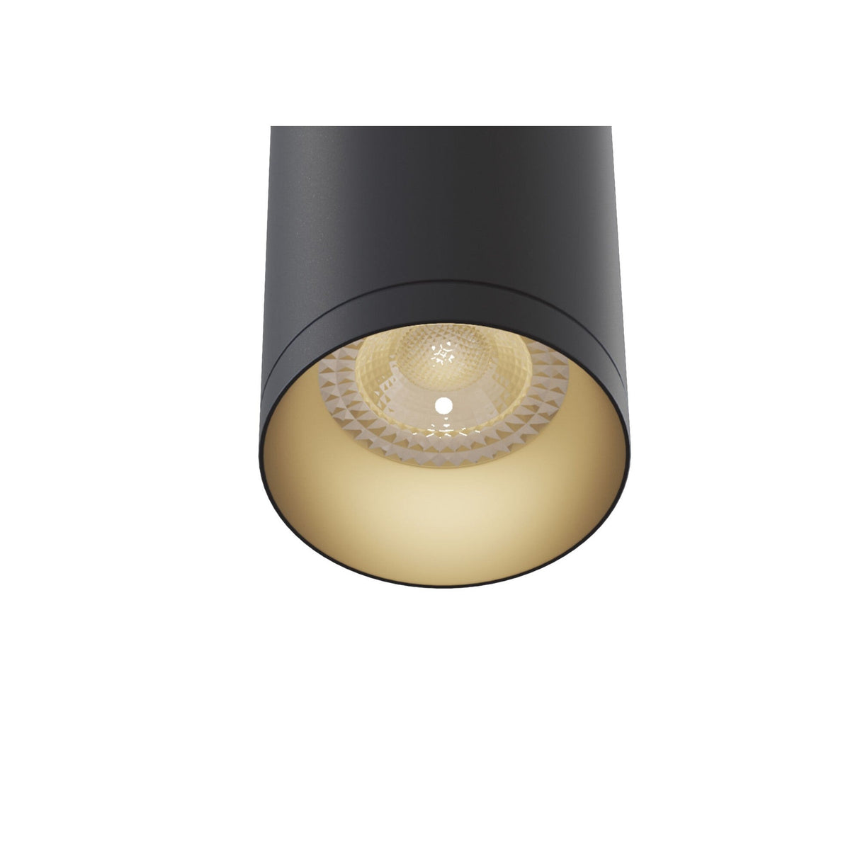 Close-up of the Shelby 1 Light Pendant in Black features a glowing LED bulb and textured inner surface, embodying modern industrial lighting. It emits a warm glow, illuminating the space around it.