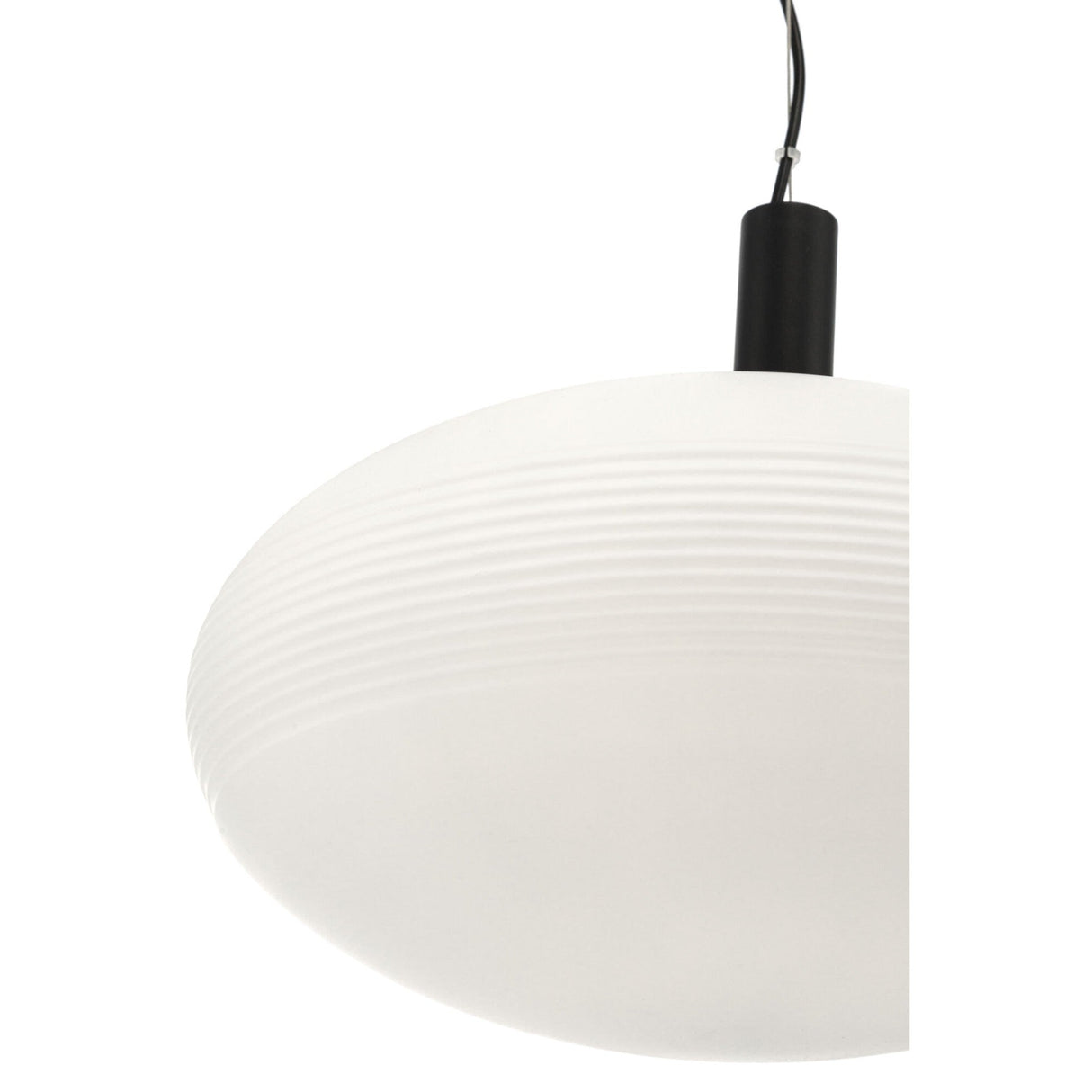 Close-up of the Perlas Pendant Light - Black With White Round Glass, highlighting its modern design with a ribbed texture and translucent finish, suspended by a sleek black cord for a contemporary look.