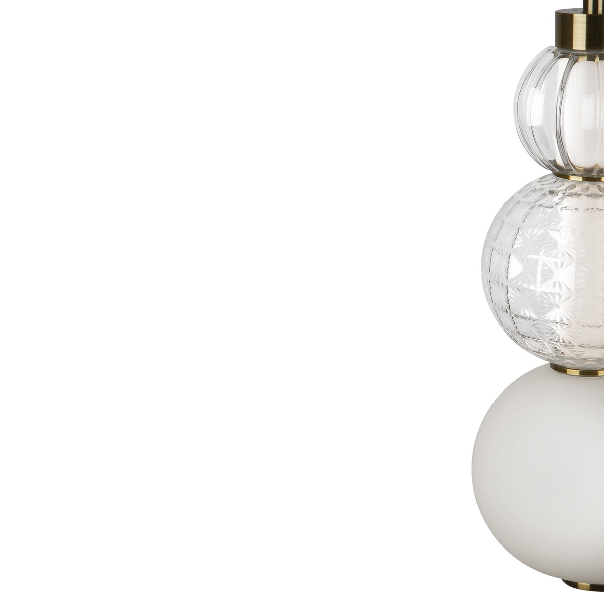 Close-up of the Collar LED Pendant Light 16W - Gold, showcasing three stacked spherical glass sections with a clear top sphere, a textured geometric-patterned middle sphere, and an opaque white bottom sphere. Elegant brass detailing is accentuated by the gold finish. Perfect for ambient lighting.