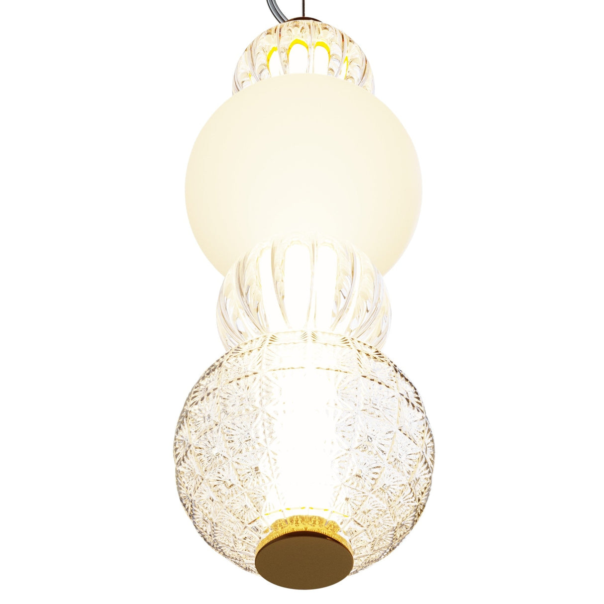 The Collar LED Pendant Light 17W - Gold features an orb shape with intricate, textured glass patterns. Its modern design casts a warm glow when illuminated, elegantly suspended from the ceiling with a sophisticated gold finish.
