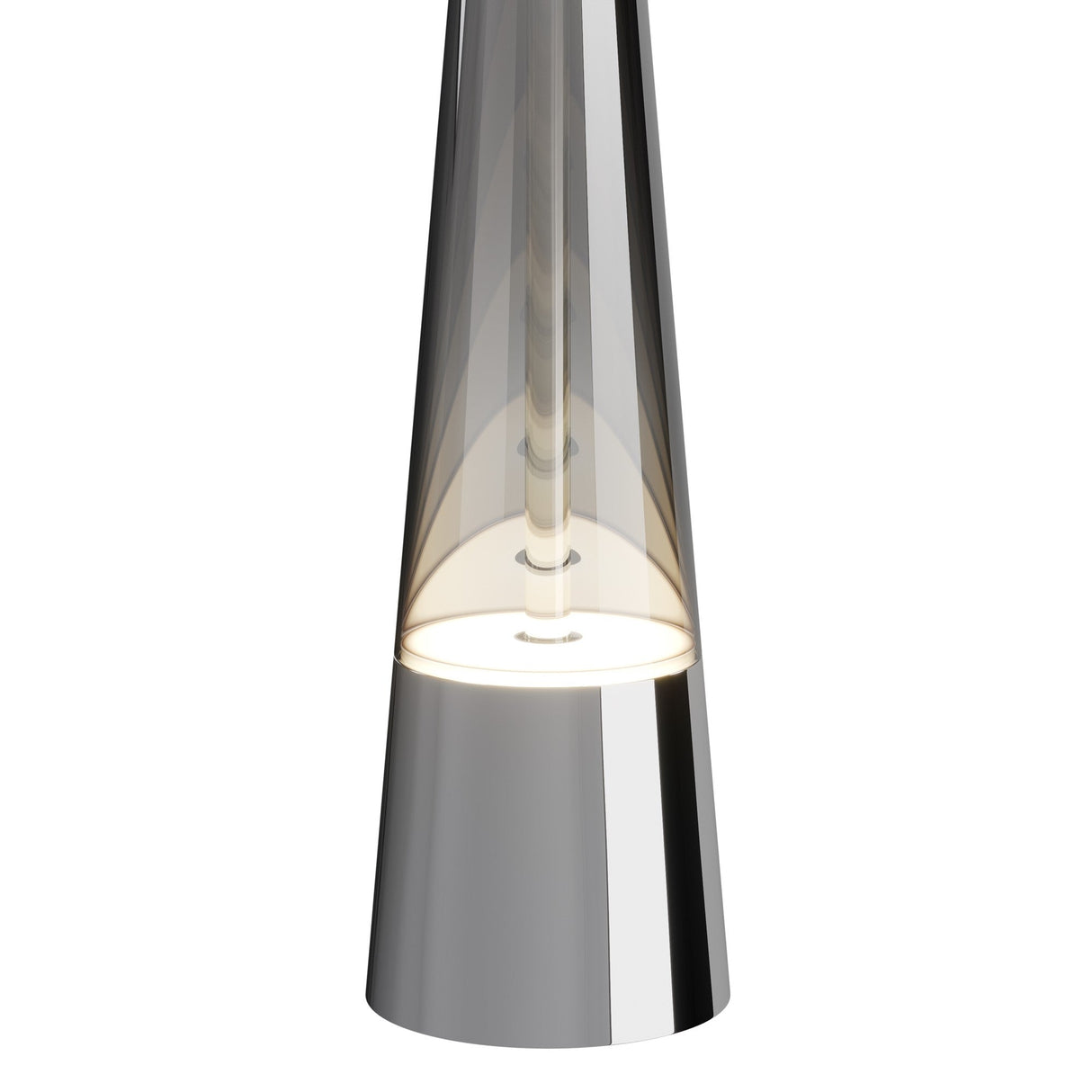 A close-up of the Sintesi 1 Light LED Pendant, featuring a cone-shaped design with a chrome base and translucent upper section. It emits a soft, warm glow from its center.
