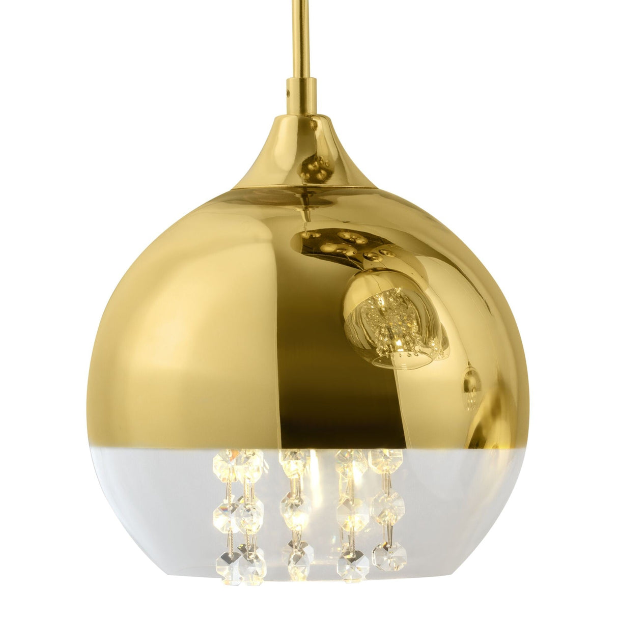 Introducing the Fermi 5 Light Cluster Pendant in Gold, a dome-shaped light with modern elegance. Its reflective top and clear bottom with dazzling crystal detailing illuminate beautifully, while it hangs from a metal rod for a refined touch in any space.