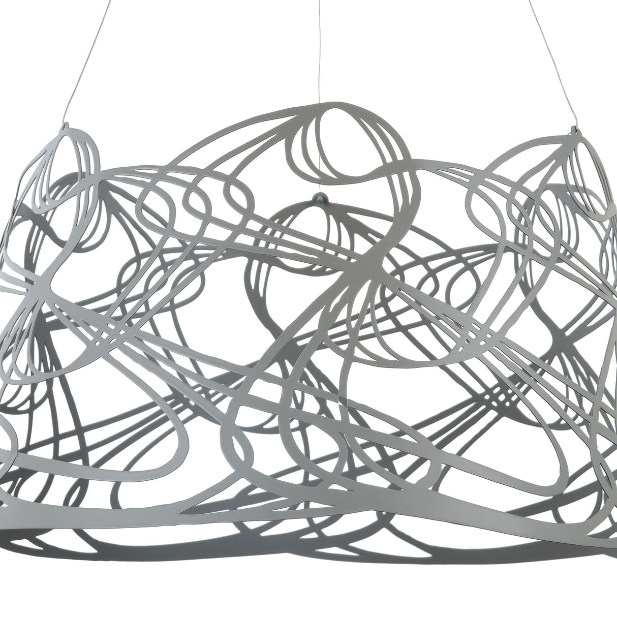 The Elva Single Pendant Light - Grey features an intricate abstract design with swirling metal rods, a decorative diffuser for dynamic shadows, and an adjustable cord length for ideal placement against a white background.
