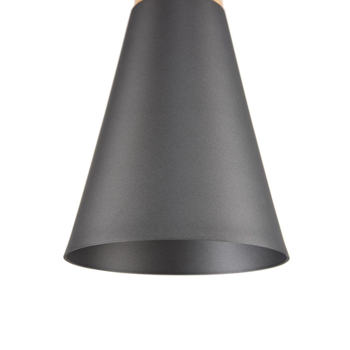 Close-up of a sleek, matte black conical lampshade with an industrial design. The open bottom reveals the interior of the modern Bicones Pendant Light 14cm - Grey With Wood Detail. No bulb is visible against the plain white background.