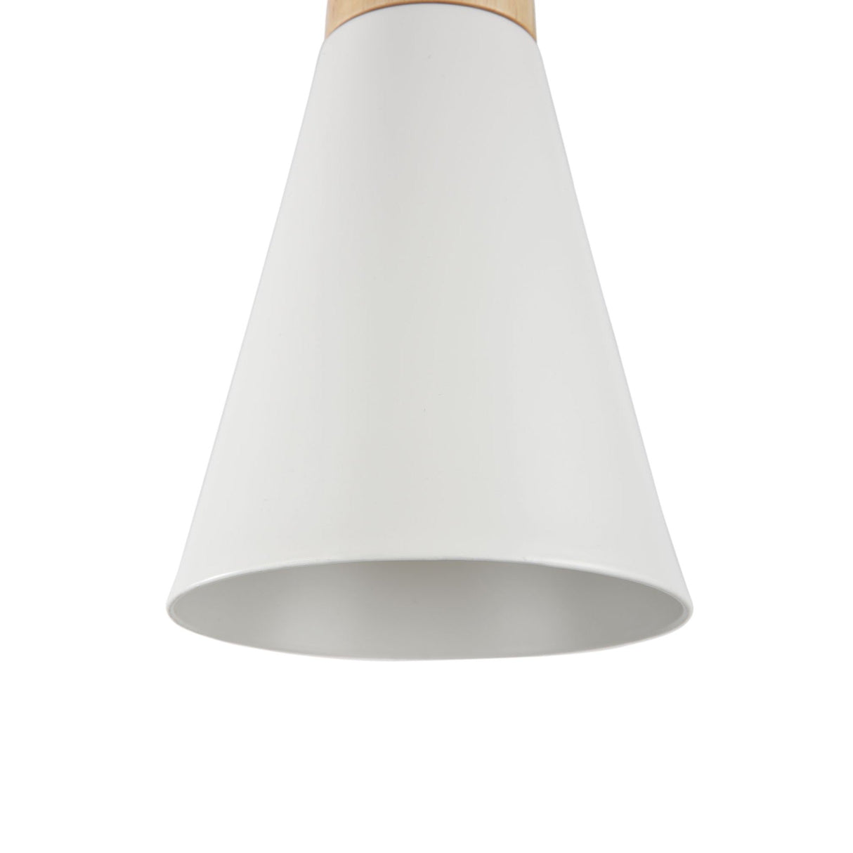 A close-up of the Bicones Pendant Light 14cm in white, featuring a wooden detail at the top, showcases its modern Scandinavian design against a plain white background.
