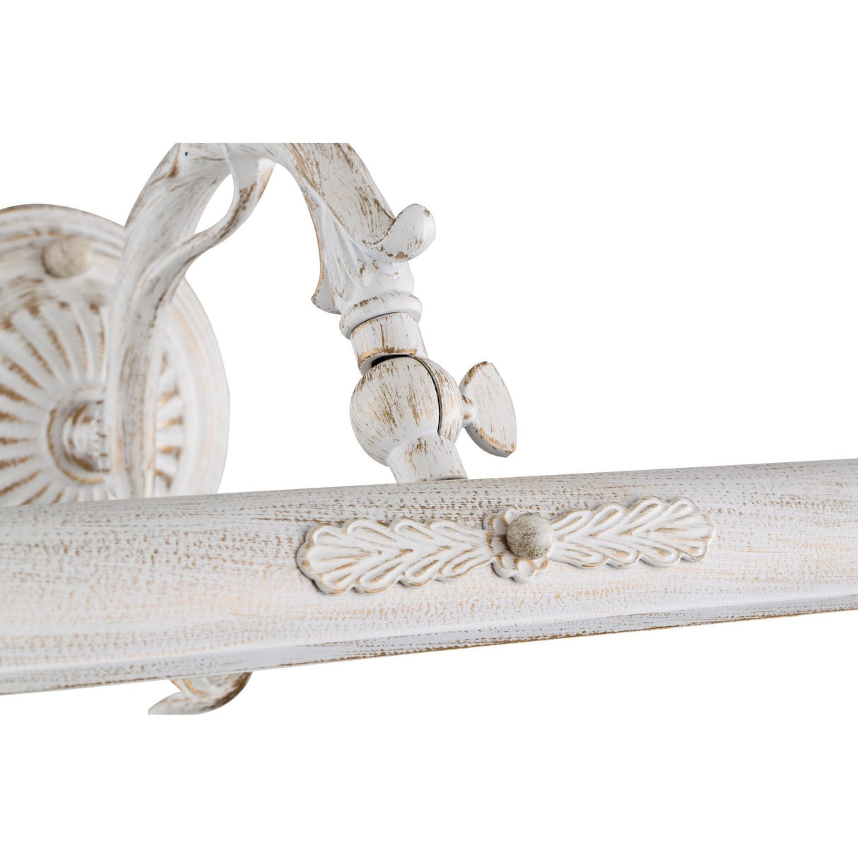 Close-up of a vintage-style white wall light fixture featuring a distressed finish, floral patterns, and intricate scrollwork. Its mounted on a textured circular base and is ideal for illuminating art like the Picasso Classic Picture Light - White.