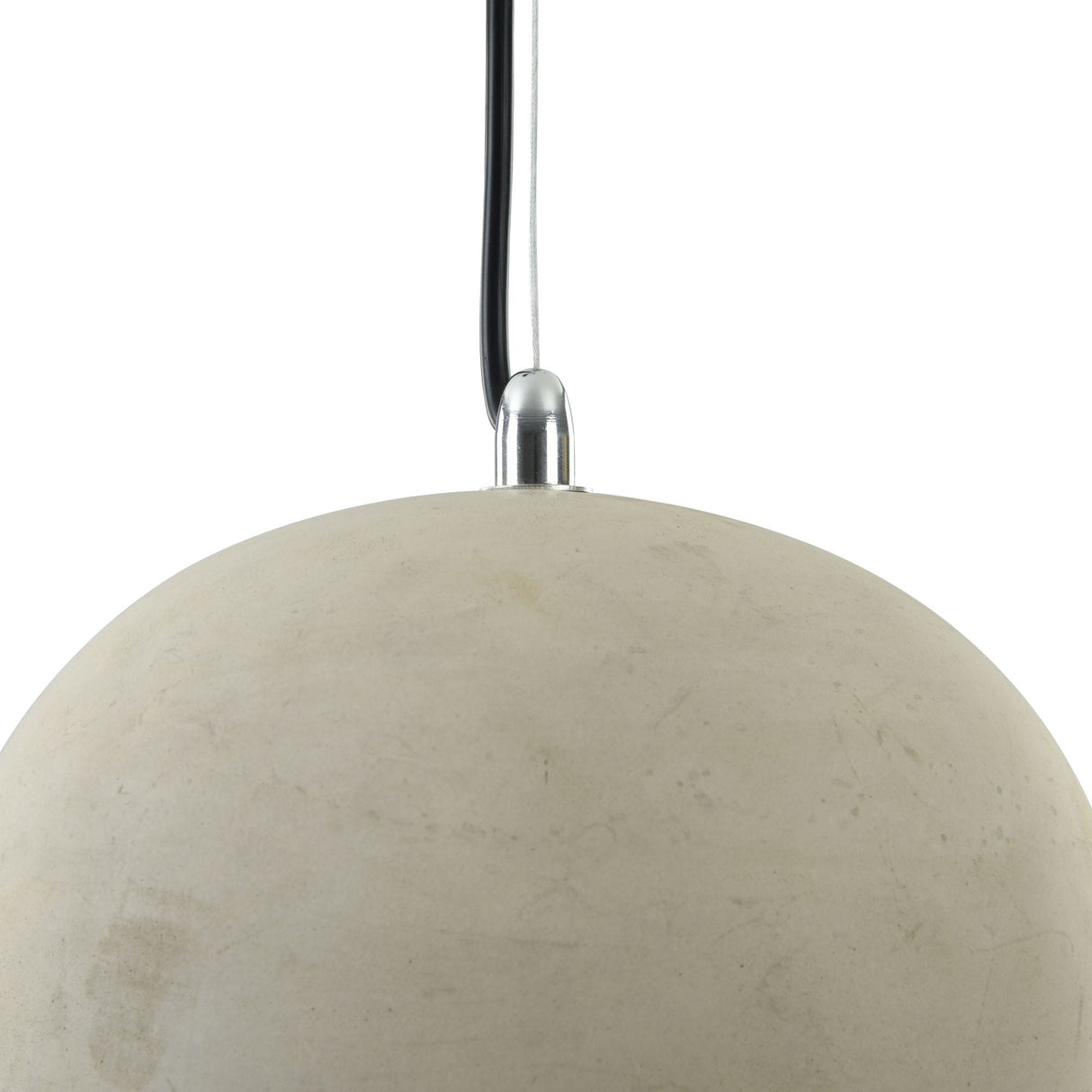 The Broni Pendant Light highlights a modern industrial style with its small metallic fixture and spherical grey concrete shade. It hangs from a black cord, adding a chic touch to any space.