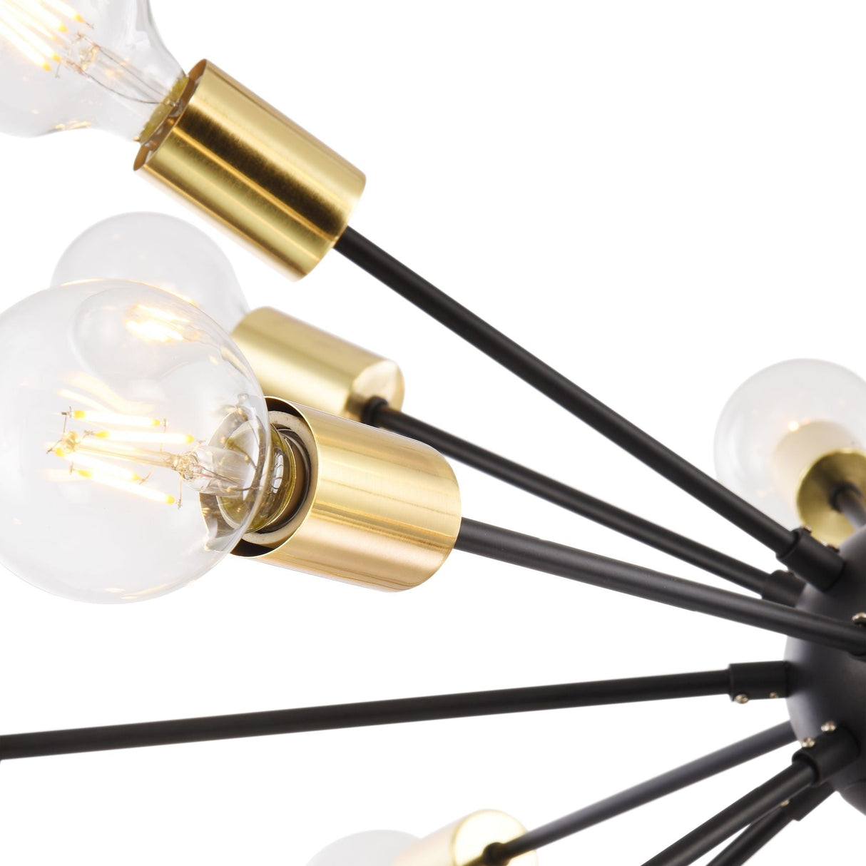 A stunning close-up of the Jackson 18 Light Chandelier - Black showcases sleek black rods extending outward, each holding a round glass bulb. The metallic holders shine in gold, enhancing the industrial designs modern charm against a crisp white background.