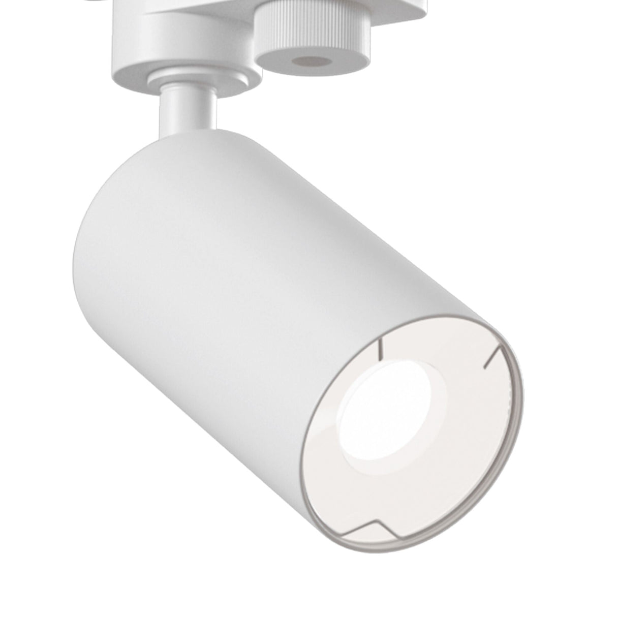 The Focus Mini Single Phase Unity Track Spotlight in white features a cylindrical design with a smooth finish, suspended from a white mounting track. Ideal for galleries or retail, it provides design-oriented, focused illumination.