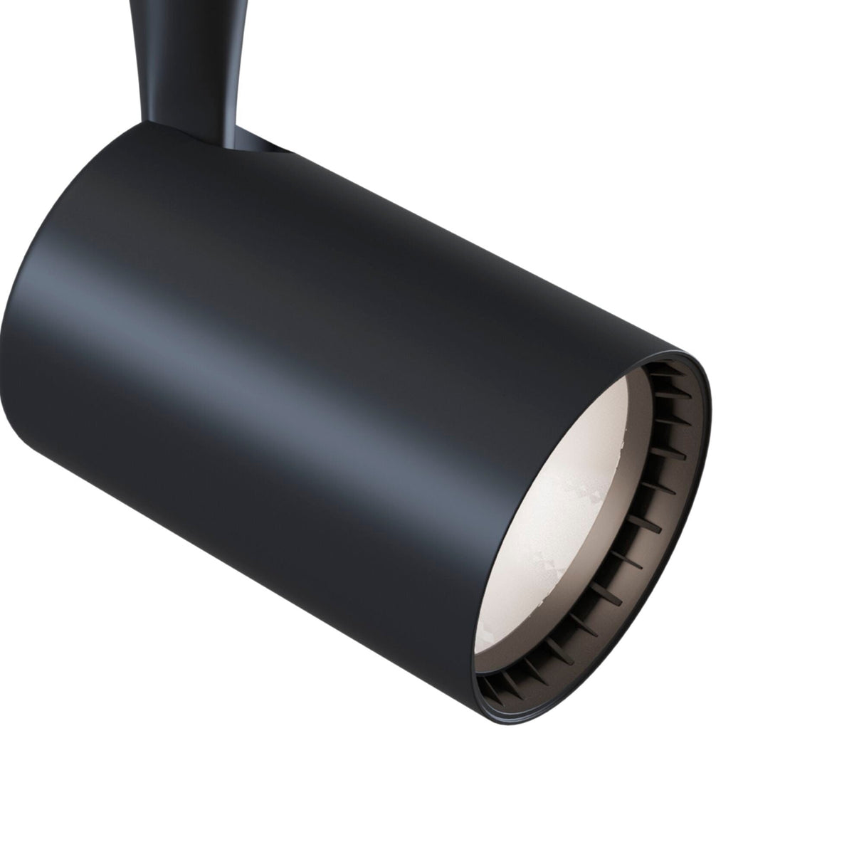 A close-up of the Vuoro LED Single Phase Unity Track Spotlight 10W 4000K in black showcases its cylindrical form with a visible bulb. The fixture, attached to a slender arm, looks sleek and modern against a white background.