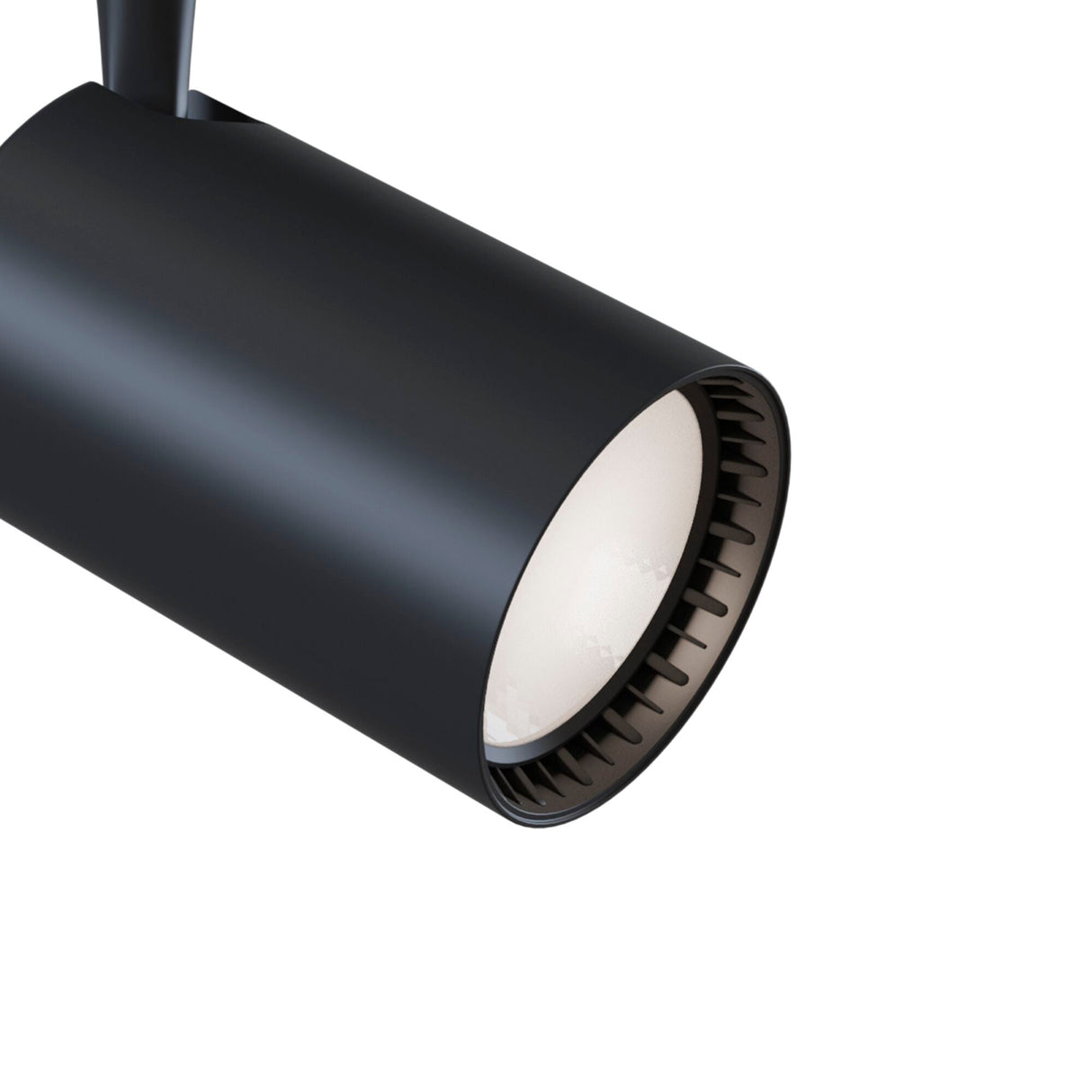 The Vuoro LED Single Phase Unity Track Spotlight 26W 3000K - Black features a modern black cylindrical design with energy-efficient LED technology, white interior with grooved edges, mounted on a slim adjustable black arm. The light is off against a plain white background.