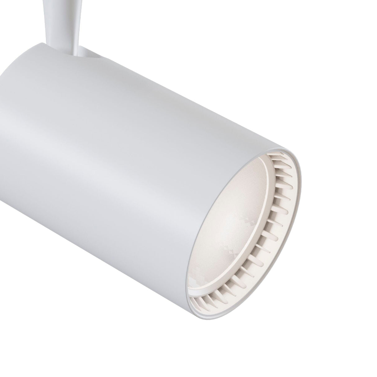 Close-up of the Vuoro LED Single Phase Unity Track Spotlight 26W 4000K in white. It features a matte white cylindrical design, glossy inner surface, and is positioned diagonally. Its IP20 rating protects against small objects while highlighting its minimalist appeal and energy efficiency.