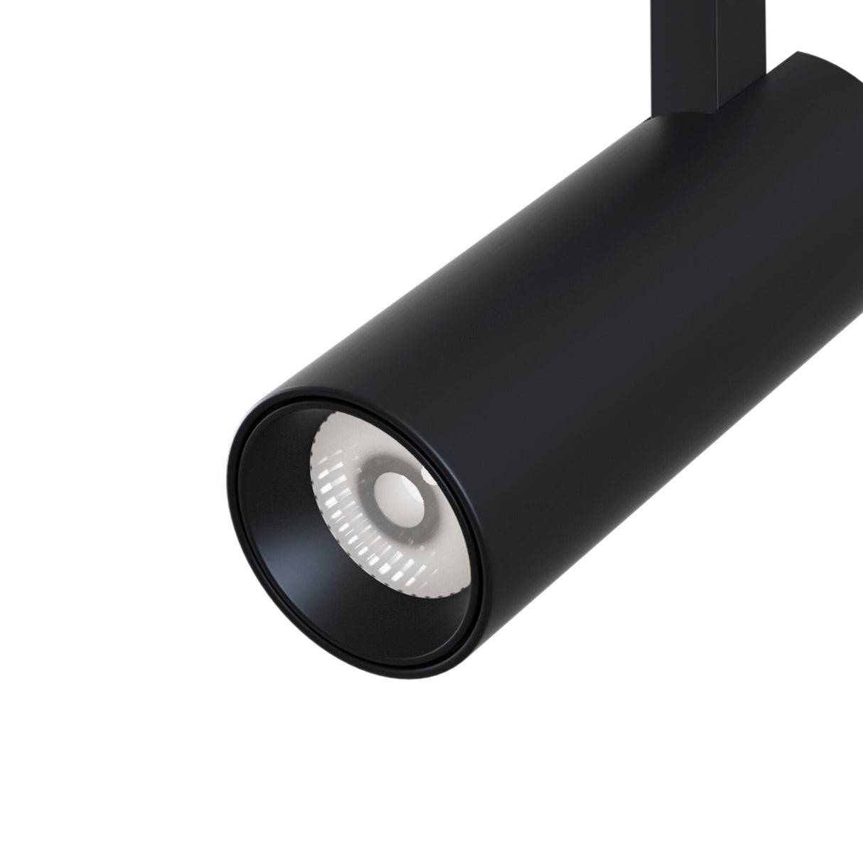 Close-up of Focus LED Magnetic S35 Track Spotlight in black, focusing on its sleek design and efficient light output