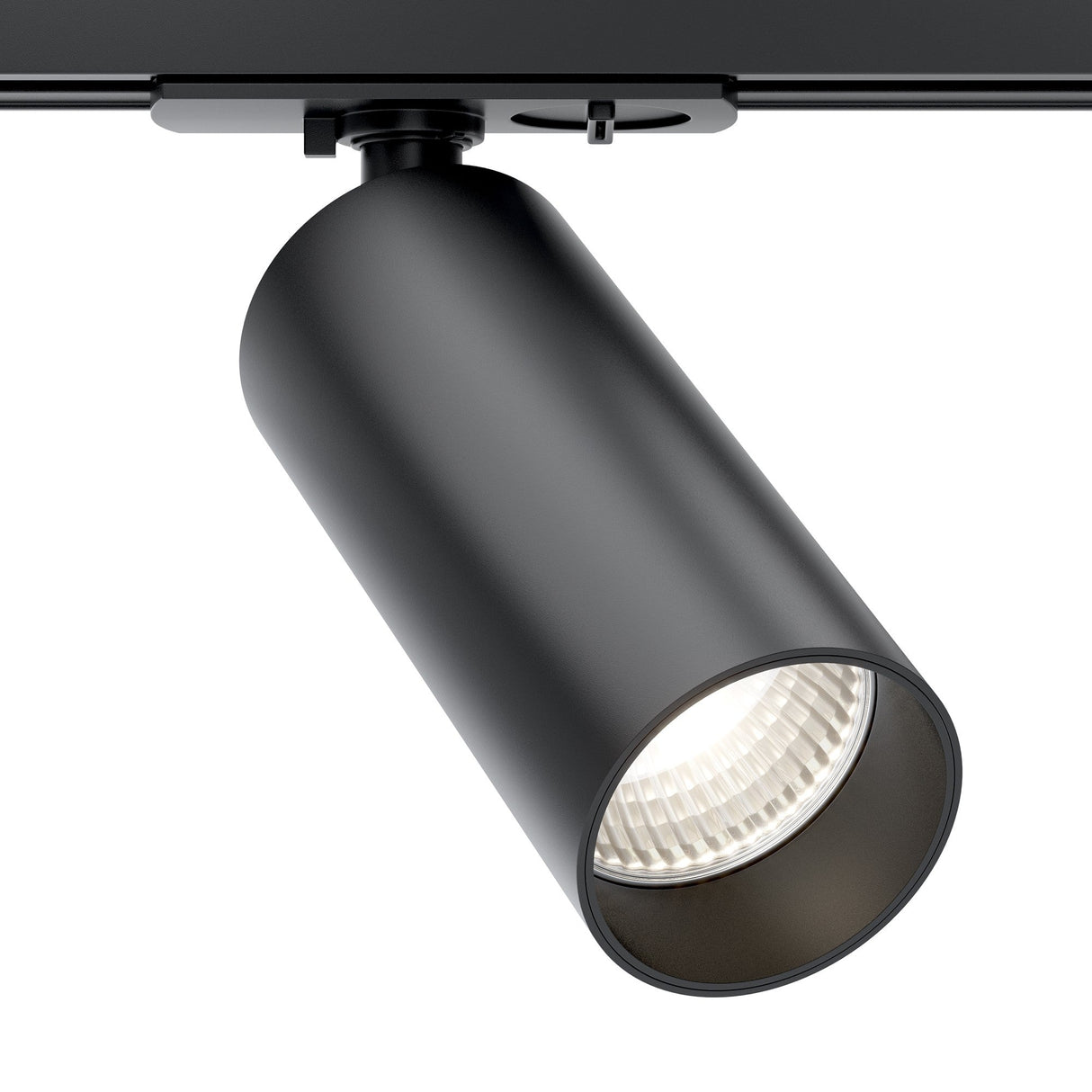 The Focus LED Single Phase Unity Track Spotlight, 12W, 4000K in black, features a visible bulb and cylindrical design. Mounted on a single-phase track system, it emits neutral white light directed downwards with a sleek, modern appearance.