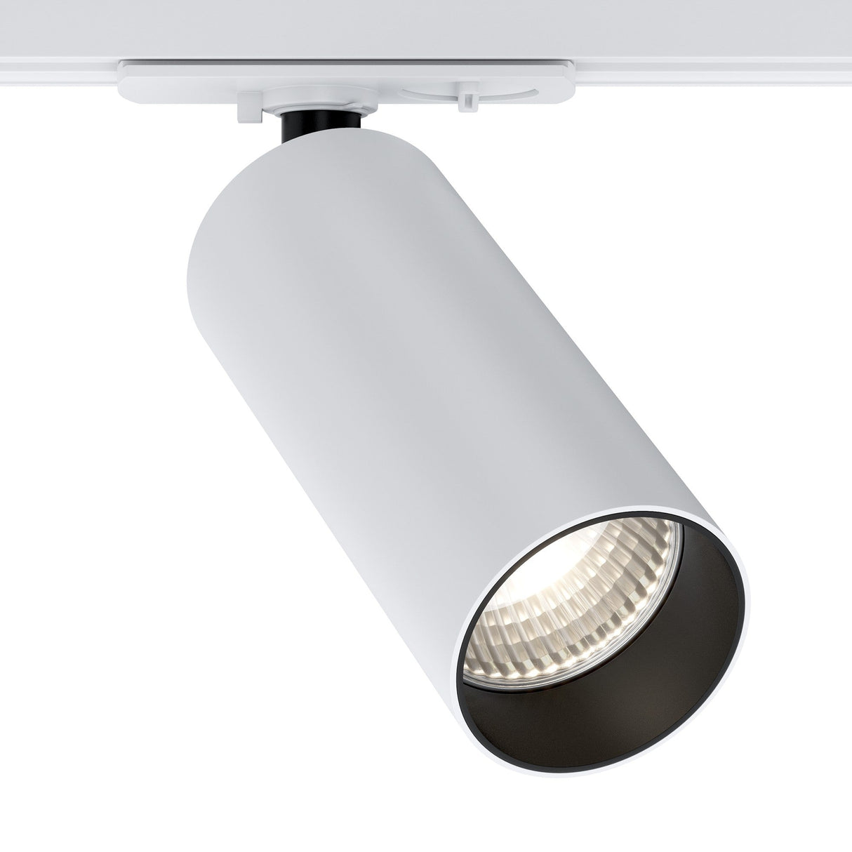 Close-up of Focus LED Single Phase Unity Track Spotlight in white, highlighting its modern aesthetic and flexible design