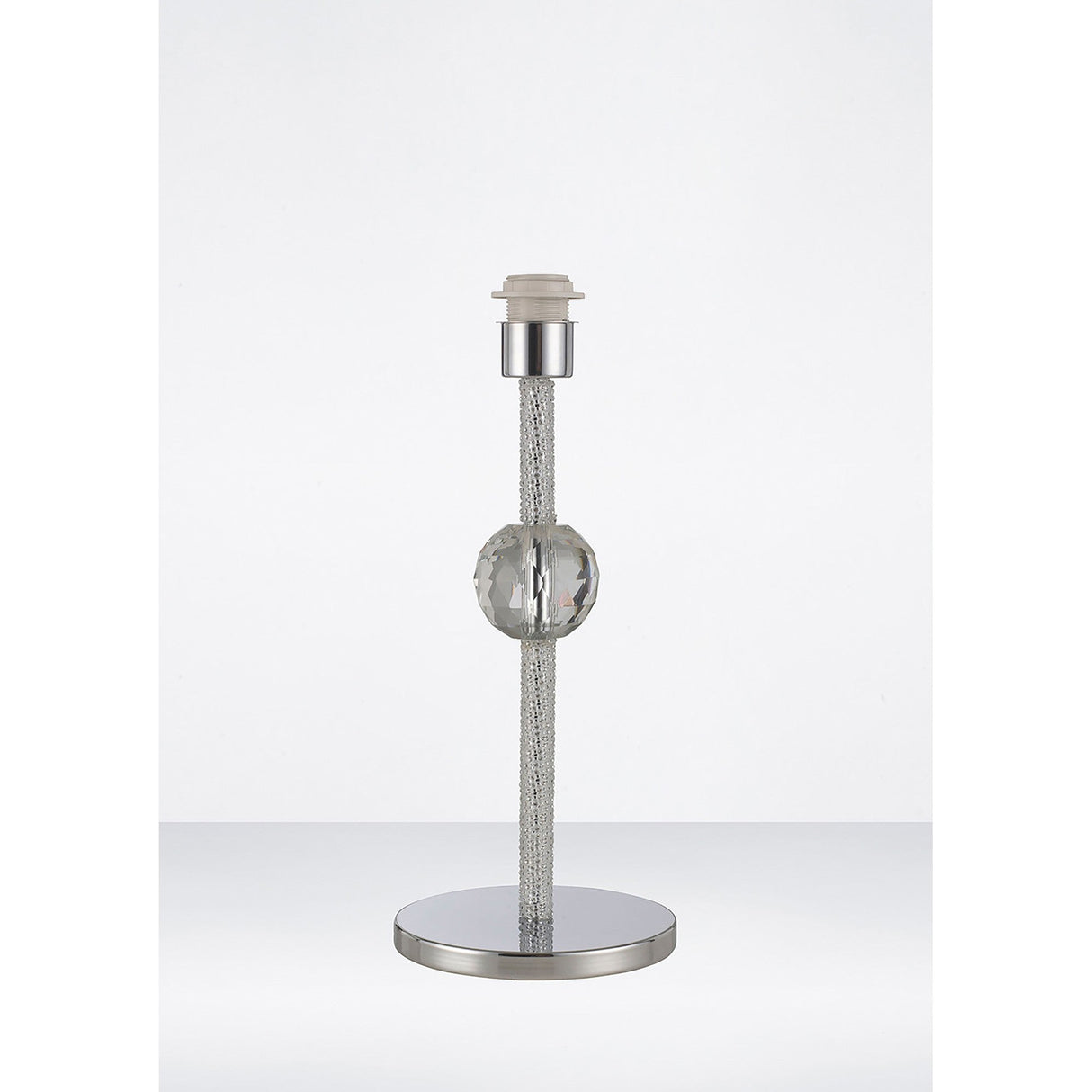 The Elena 1 Light Crystal Table Lamp - Chrome (Without Shade) features modern craftsmanship with a polished chrome circular stand, a textured metallic rod, and a clear glass sphere accent, shown against a plain white background.