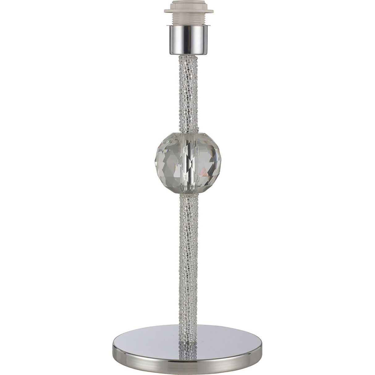 The Elena 1 Light Crystal Table Lamp - Chrome (Without Shade) features a polished chrome base, a round faceted crystal accent, and a sleek circular stand. The lamp socket is visible on top as it comes without a lampshade.