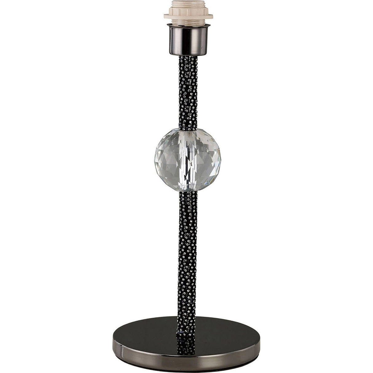 The Elena 1 Light Crystal Table Lamp in black features a round mirrored base, a slender black chrome stand with subtle sparkles, and a large faceted clear crystal sphere at its center. Elegant design; lamp shade not included.