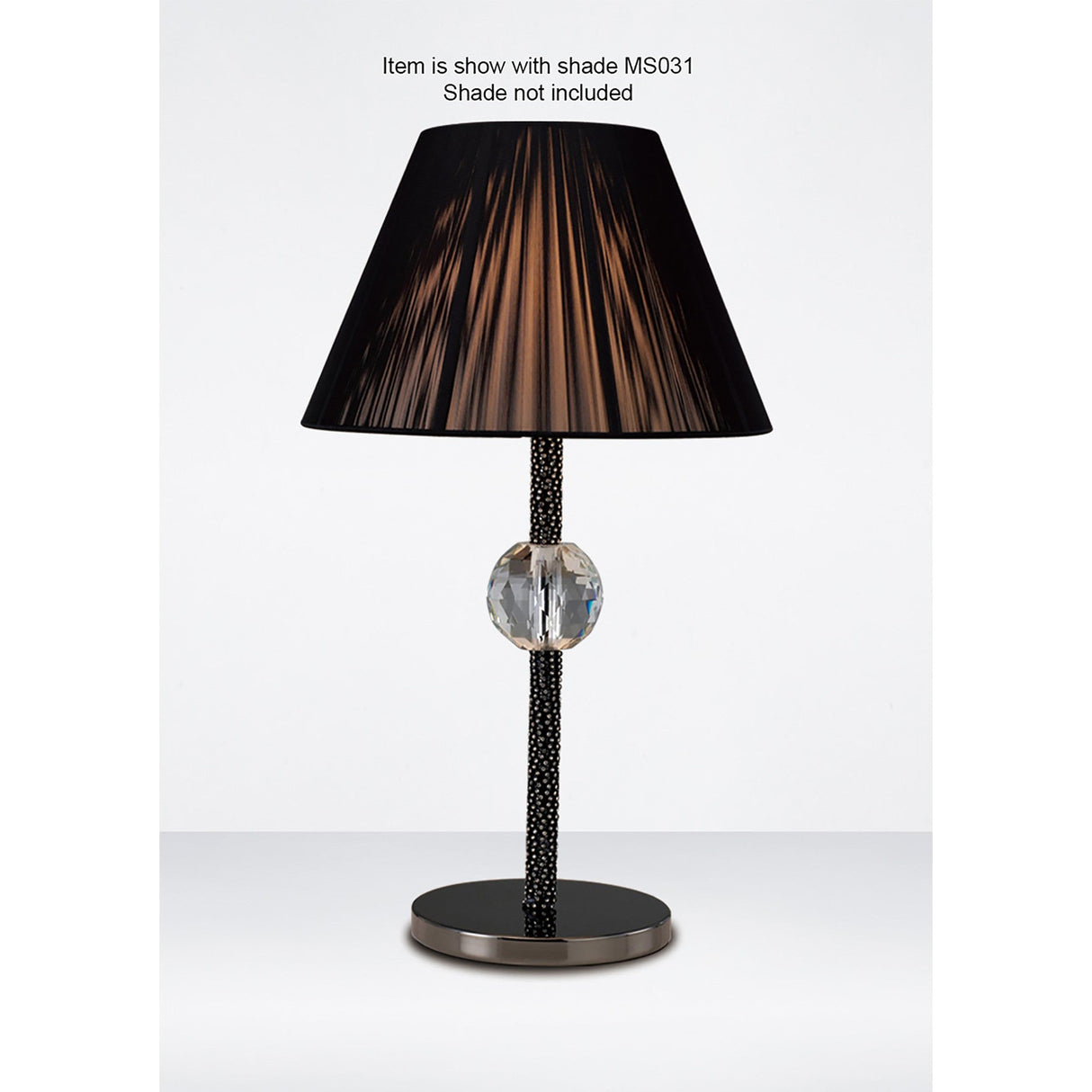 The Elena 1 Light Crystal Table Lamp - Black (Without Shade) features a black textured base, clear crystal sphere accent, and is shown with shade MS031. Shade not included.