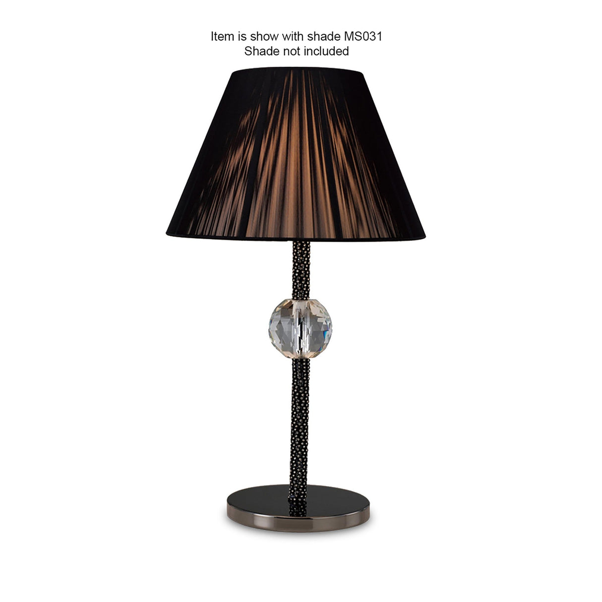 The Elena 1 Light Crystal Table Lamp - Black (Without Shade) features a round base, thin black textured stem, and clear crystal sphere accent for a modern look. Shown with a black pleated shade, which is not included.