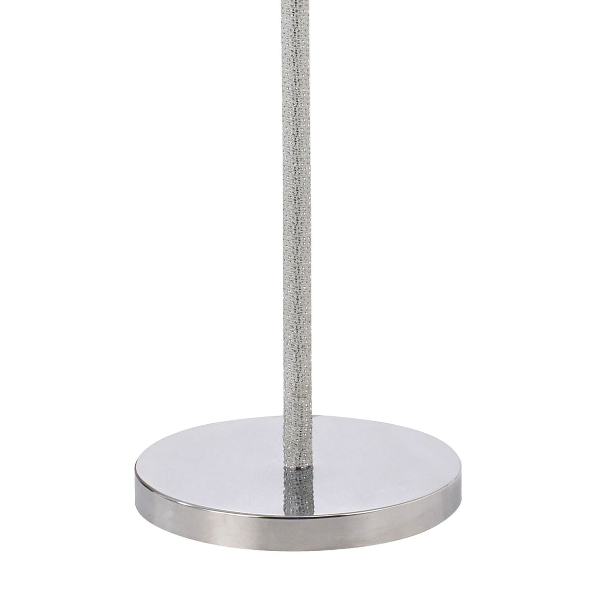 A close-up of the Elena 1 Light Crystal Floor Lamp - Chrome (Without Shade) shows its round metallic base and slim textured pole, ideal for contemporary interiors. Set against a plain white background.