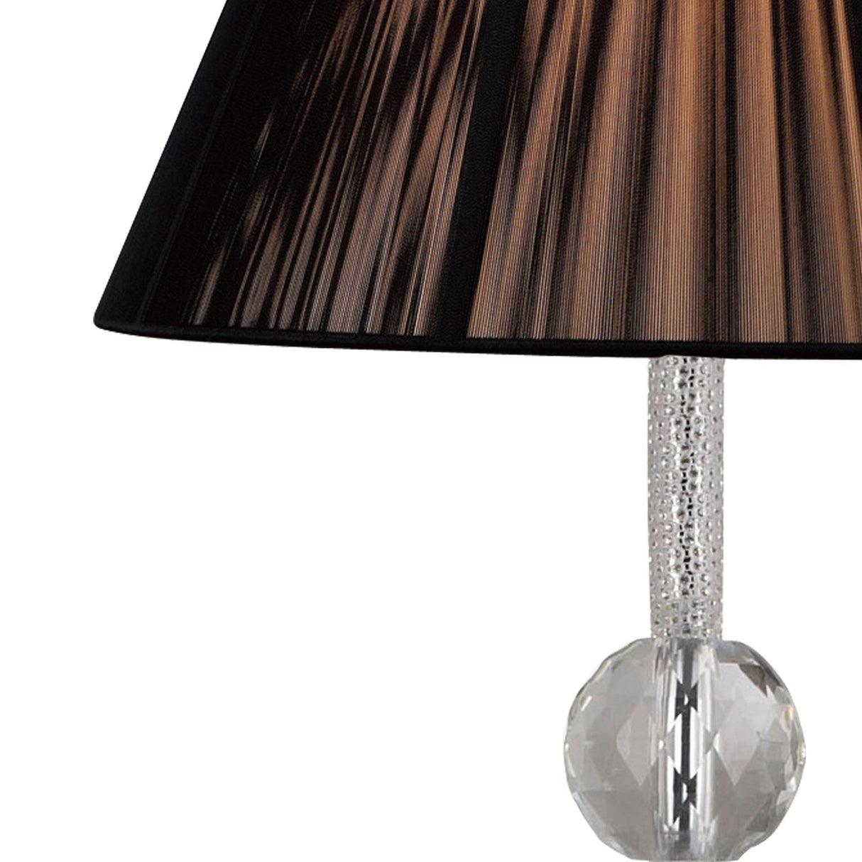 A close-up of the Elena 1 Light Crystal Floor Lamp in chrome, featuring a clear textured stem and faceted crystal sphere at the base—an elegant accent for contemporary interiors (lamp shade not included).