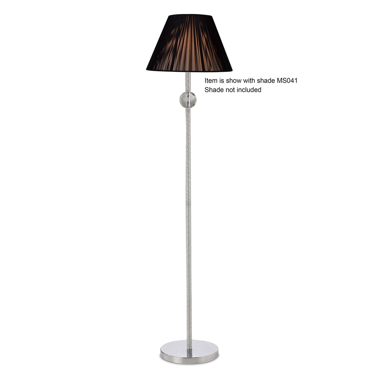 The Elena 1 Light Crystal Floor Lamp in chrome features a tall, modern design with a silver base and stand, ideal for contemporary spaces. Shown with a black pleated shade (not included).