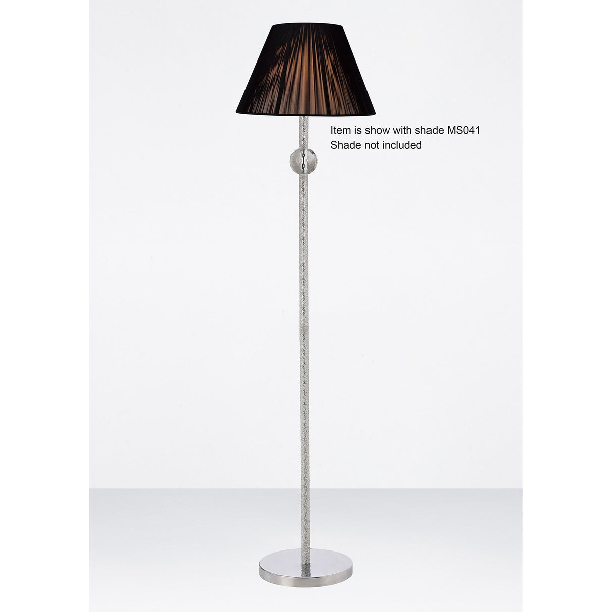 The Elena 1 Light Crystal Floor Lamp - Chrome features a slim metallic stand and round base, ideal for modern spaces. Shown with black pleated shade MS041 (not included). Shade must be purchased separately.