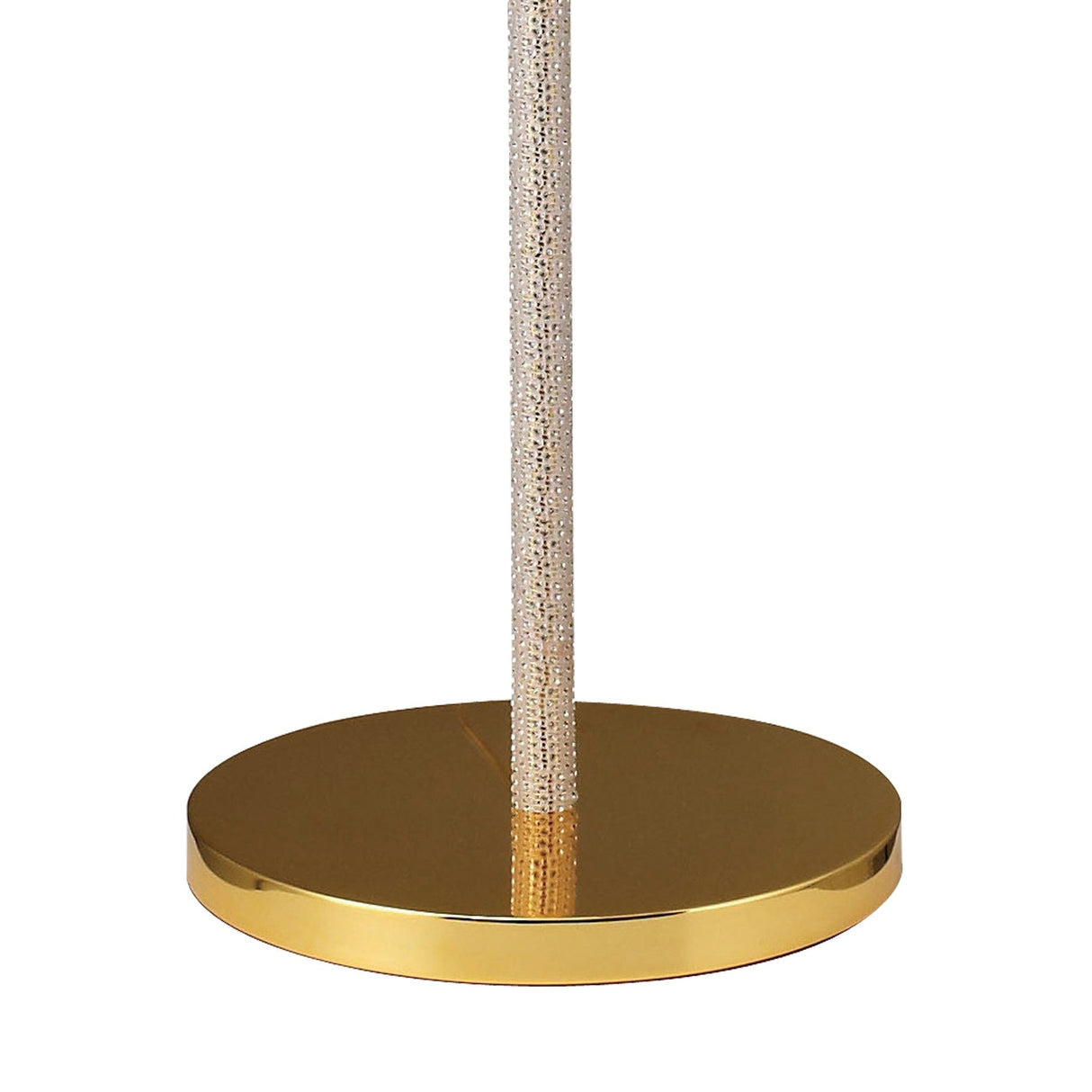 A close-up of the Elena 1 Light Crystal Floor Lamp - Gold (Without Shade), featuring a round, shiny gold base and a textured, cylindrical gold stand that highlights its elegant luxury lighting design.