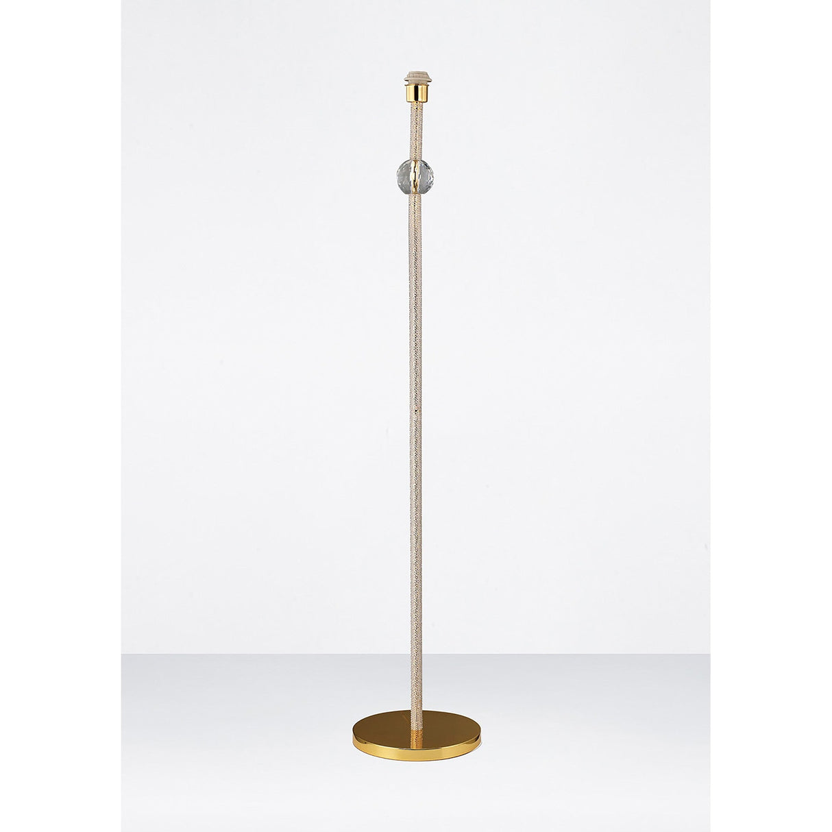 The Elena 1 Light Crystal Floor Lamp - Gold (Without Shade) features a slim gold rod, round base, and a single crystal accent near the top, adding luxury lighting against a plain white background.