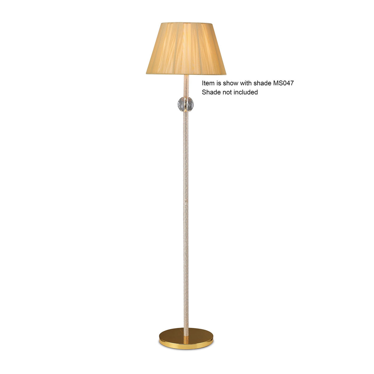The Elena 1 Light Crystal Floor Lamp - Gold (Without Shade) features a slim metallic stand, round base, and crystal accents. Shown with shade MS047 (not included)—an elegant choice for luxury lighting.